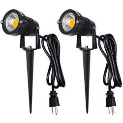 LED Landscape Spotlight Outdoor,IP65 Waterproof Garden Spotlights,5W AC 120V Yard Flood Light,Metal Ground Stake Lawn Lights,3200K LED Spotlight with 1.5M UL-Listed Cord and 3-Plug (2 Packs)