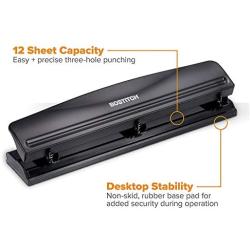 Bostitch 3 Hole Punch, 12 Sheets, Black (KT-HP12-BLK)