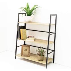 C-Hopetree Ladder Bookshelf - 3 Tier Bookcase Display Shelf - Black Metal Frame