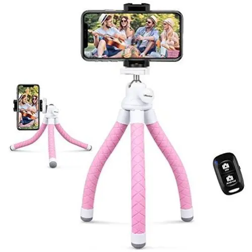 UBeesize Phone Tripod, Portable and Flexible Tripod with Wireless Remote and Universal Clip, Compatible with All Cell Phones/Cameras, Cell Phone Tripod Stand for Video Recording(Pink)