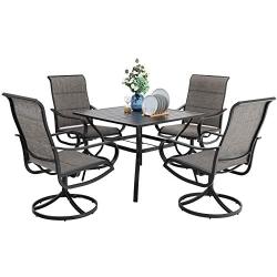 PHI VILLA 5 PCS Patio Dining Set, Outdoor Dining Table & Chair Set, 4 Swivel Chairs Padded Sling Fabric and 1 37''x 37'' Metal Steel Dining Table with Umbrella Hole, for Outdoor Kitchen Deck Garden Lawn