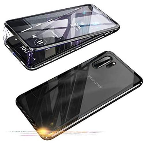 Compatible with Samsun Galaxy Note 10+ 5G (6.8 inch) Case, Jonwelsy 360 Degree Front and Back Transparent Tempered Glass Cover, Strong Magnetic Adsorption Metal Bumper for Note 10 Plus (Black)