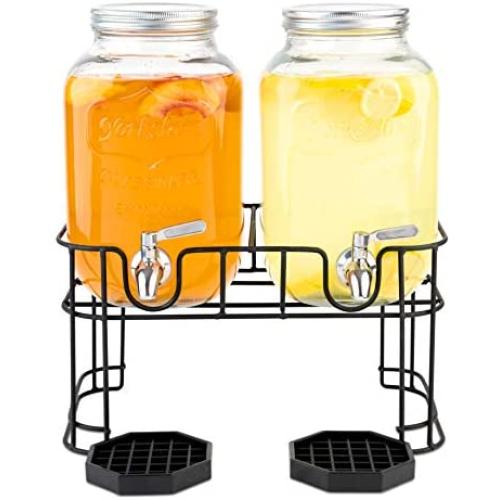 Dual Gallon Glass Beverage Dispensers with Metal Stand, Stainless Steel Spigot, Metal Lid and Drip Trays- Gallon Glass Yorkshire Mason Dual Drink Dispenser Display for Parties, Weddings and Holidays