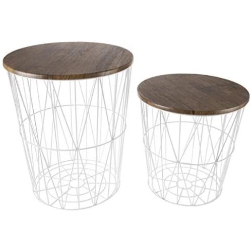 Lavish Home Convertible Round Metal Basket Veneer Wood Top Accent Side Home and Office Nesting End Tables with Storage- (Set of 2), White