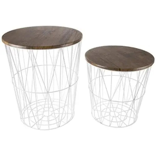 Lavish Home Convertible Round Metal Basket Veneer Wood Top Accent Side Home and Office Nesting End Tables with Storage- (Set of 2), White Lavish Home Convertible Round Metal Basket Veneer Wood Top Accent Side Home and Office Nesting End Tables with Storage- (Set of 2), White