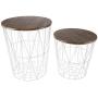 Lavish Home Convertible Round Metal Basket Veneer Wood Top Accent Side Home and Office Nesting End Tables with Storage- (Set of 2), White