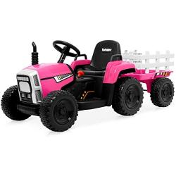 Kidzone 12V 7AH EVA Treaded Tires Kids Battery Powered Electric Tractor with Trailer Toddler Ride On Ground Loader Twin Moto w/ 2 Speeds 7-LED Lights USB & Bluetooth Audio, Pink