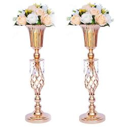 Set of 2 Tall Metal Wedding Centerpieces for Reception Tables, Gold Flower Vase Stand, Base Decortion for Party, Events, Birthday, Celebration Ceremonies (Gold, 23.2in)