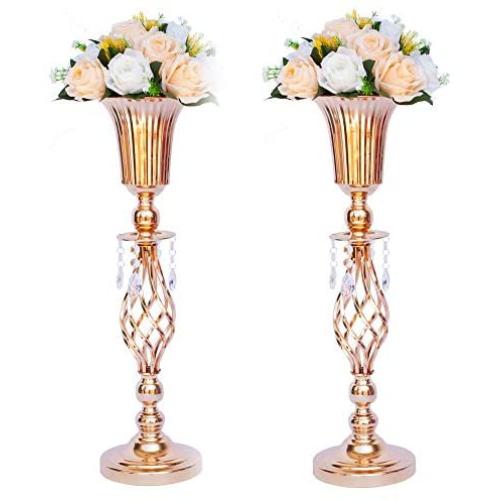 Set of 2 Tall Metal Wedding Centerpieces for Reception Tables, Gold Flower Vase Stand, Base Decortion for Party, Events, Birthday, Celebration Ceremonies (Gold, 23.2in)