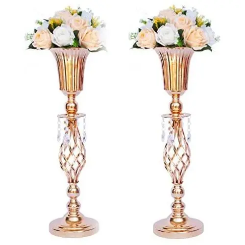 Set of 2 Tall Metal Wedding Centerpieces for Reception Tables, Gold Flower Vase Stand, Base Decortion for Party, Events, Birthday, Celebration Ceremonies (Gold, 23.2in)