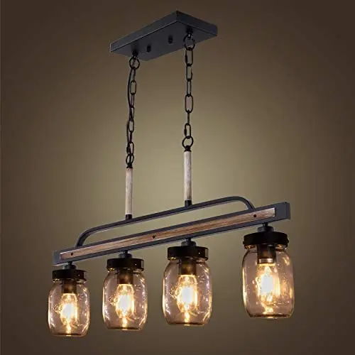 Wellmet Farmhouse Chandelier for Kitchen Light Fixtures, 4 Lights Mason Jar Pendant Light for Dining Room Lighting Fixtures Hanging, Faux Wood and Black Metal Finish
