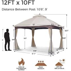 AsterOutdoor 10x12 Outdoor Gazebo for Patios Canopy for Shade and Rain with Mosquito Netting, Waterproof Soft Top Metal Frame Gazebo for Lawn, Garden, Backyard and Deck, 99% UV Rays Block (Beige)