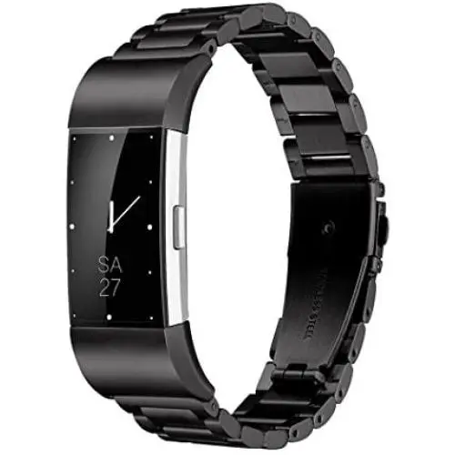 Fitbit Charge 2 Wrist Band,Shangpule Stainless Steel Metal Replacement Smart Watch Band Bracelet with Double Button Folding Clasp for Fitbit Charge 2 (Black)