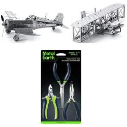 Fascinations Metal Earth 3D Metal Model Kit Bundle - Wright Brothers Airplane - F4U Corsair - Tool Set