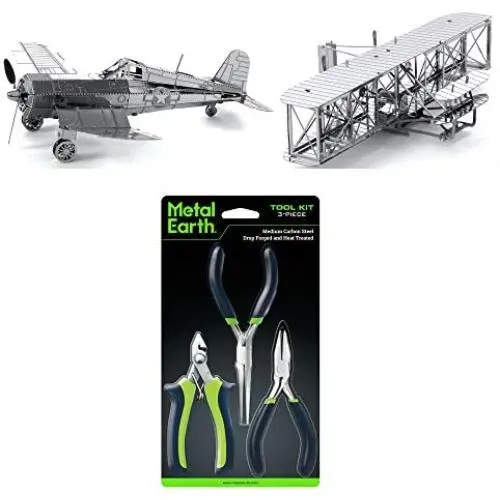 Fascinations Metal Earth 3D Metal Model Kit Bundle - Wright Brothers Airplane - F4U Corsair - Tool Set