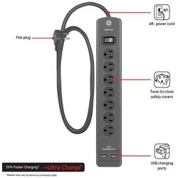 GE UltraPro Surge Protector, 7 Outlet Power Strip, 2 USB Charging Ports, 4 Ft Extension Cord, 3 Prong, Grounded, Flat Plug, 1500 Joules, UL Listed, Gray, 53276,