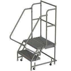 Tri-Arc KDSR102162-D2 2-Step 20'' Deep Top Steel Rolling Industrial & Warehouse Ladder with Handrails, 16'' Wide Grip Strut Tread