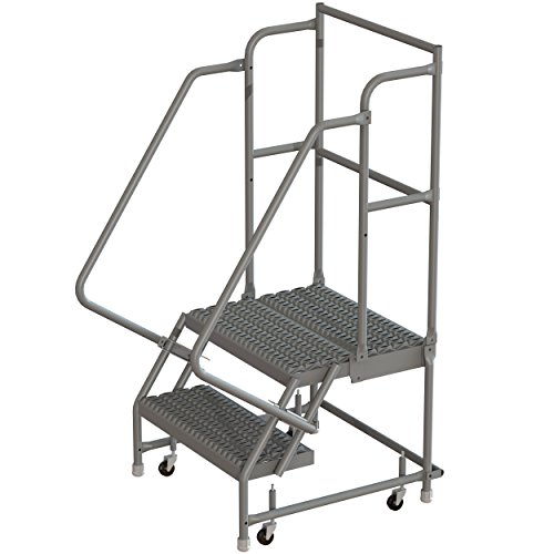 Tri-Arc KDSR102242-D2 2-Step 20'' Deep Top Steel Rolling Industrial & Warehouse Ladder with Handrails, 24'' Wide Grip Strut Tread