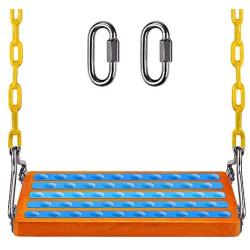 SELEWARE 17.5'' X 8.2'' Non Slip Wooden Swing Seat , Hanging Wooden Tree Swing Seat with 65'' Metal Chain Plastic Coated and Snap Hook Swing Set for Adult Kid Indoor Outdoor Playground Backyard, Blue