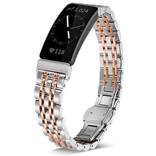 Shangpule Compatible for Fitbit Inspire HR / Inspire 2 / Inspire Bands , Stainless Steel Metal Replacement Wrist Band for Fitbit Inspire Women Man Large Small (Silver + Rose Gold)