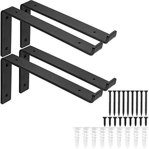 Shelf Brackets - Heavy-Duty & Extra Thick, Rustic Black Iron Finish, Includes Hardware, 4-PK - Multiple Sizes Available (11.25'')