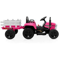 Kidzone 12V 7AH EVA Treaded Tires Kids Battery Powered Electric Tractor with Trailer Toddler Ride On Ground Loader Twin Moto w/ 2 Speeds 7-LED Lights USB & Bluetooth Audio, Pink