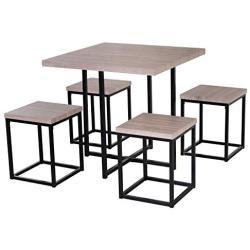 HOMCOM 5 Piece Dining Room Table Chair Set Square Board Steel Space Saving with Stools, Natural Wood Color