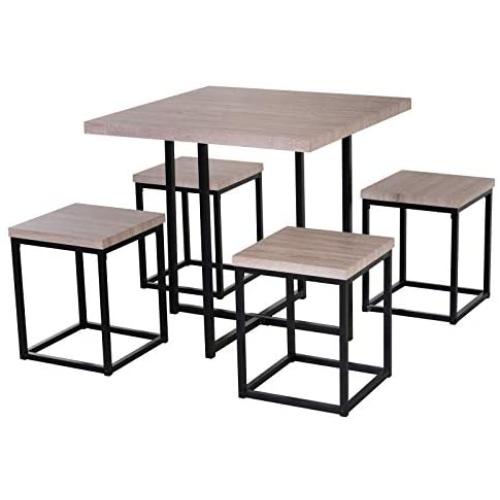 HOMCOM 5 Piece Dining Room Table Chair Set Square Board Steel Space Saving with Stools, Natural Wood Color