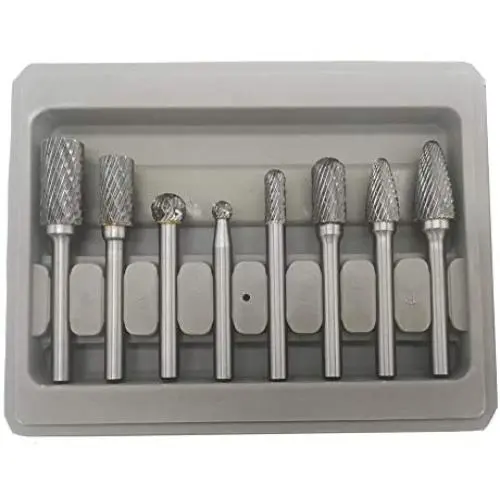 Carbide Burr Set, 8pcs Double Cut Solid Tungsten Rotary Burr Set 1/4-Inch Shank for Die Grinder Drill, DIY Woodworking, Metal Carving, Polishing, Engraving, Drilling