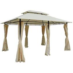 Outsunny 10 x 13 Outdoor Soft Top Pergola Gazebo with Curtains, 2-Tier Steel Frame Gazebo for Patio, Cream White