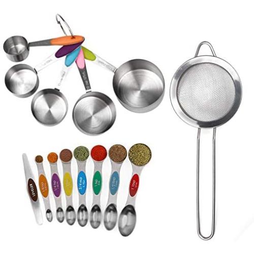 ORANGEHOME Stainless Steel Measuring Cups Metal Magnetic Spoons Set, 14pcs Baking Measurement Utensils Including 5pk Cups, 7pk Spoons, 1pk Leveler and 1pk Flour Sieve