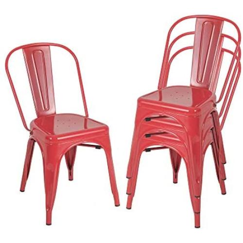 BONZY HOME Metal Dining Chairs, Stackable Side Chairs with Back, Indoor Outdoor Use Chair for Farmhouse, Patio, Restaurant, Kitchen, Set of 4 (Red)