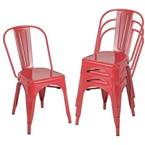 BONZY HOME Metal Dining Chairs, Stackable Side Chairs with Back, Indoor Outdoor Use Chair for Farmhouse, Patio, Restaurant, Kitchen, Set of 4 (Red)