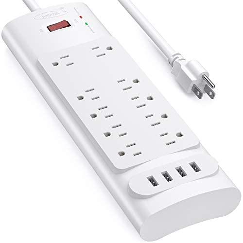 Power Strip with USB Ports, Bototek Surge Protector with 10 AC Outlets and 4 USB Charging Ports,1875W/15A, 2100 Joules, 6 Feet Long Extension Cord for Smartphone Tablets Home,Office & Hotel- White