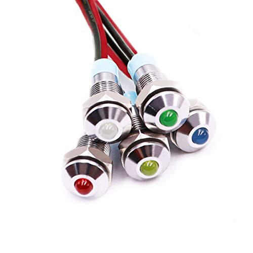 mxuteuk 5 Pcs 12V-24V 6mm 1/4'' LED Metal Indicator Light Raised Head Waterproof Signal Lamp Red Yellow Blue Green White with Wire for Car Truck Boat M6-12T