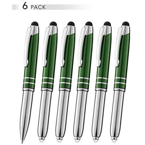 SyPen Stylus Pen for Touchscreen Devices, Tablets, iPads, iPhones, Multi-Function Capacitive Pen with LED Flashlight, Ballpoint Ink Pen, 3-in-1 Metal Pen, 6PK, Green
