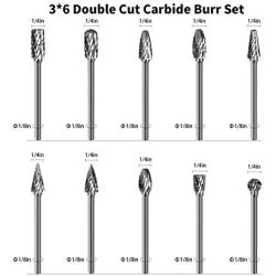 Loggers Art Gens 10Pcs Double Cut Carbide Burr Set on 1/8Inch Shank with 1/4 Inch Head Assorted Double Cut Solid Carbide Rotary Burr Set for Wood-working Carving, Metal Polishing, Engraving, Drilling