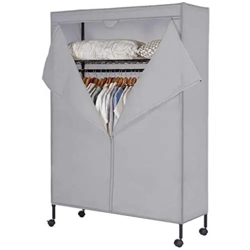 JS HOME Heavy Duty Garment Rack, Free-Standing Rolling Clothes Rack with Fitted Beidge Non-Woven Cover, Extra Large Wardrobe Storage Rack/Organizer