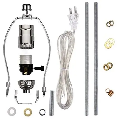 Canomo Silver Finish Make-A-Lamp Kit 3-Way with 8 Inch Harp, 2 Pieces 12'' Lamp Pipe, and All Parts Needed and Instructions for DIY Lamp Design or Repair