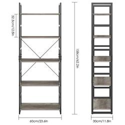 Homfa Bookshelf Rack 5 Tier Book Rack Bookcase Storage Organizer Modern Wood Look Accent Metal Frame Furniture Home Office, Vintage Gray