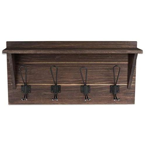 Wall Mounted Coat Rack with Shelf - 16 Inch Rustic Wooden 4 Hook Coat Hanger Rail, White Distressed Wood, Black Metal Hooks