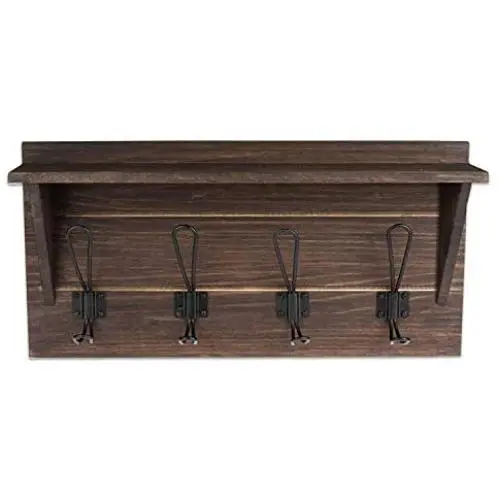 Wall Mounted Coat Rack with Shelf - 16 Inch Rustic Wooden 4 Hook Coat Hanger Rail, White Distressed Wood, Black Metal Hooks Wall Mounted Coat Rack with Shelf - 16 Inch Rustic Wooden 4 Hook Coat Hanger Rail, White Distressed Wood, Black Metal Hooks