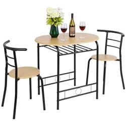 VINGLI 3 Piece Dining Set Small Dining Table and 2 Chairs Kitchen Breakfast Dining Table Set with Metal Frame and Wine Rack (Natural)