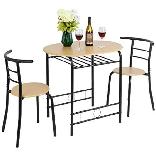 VINGLI 3 Piece Dining Set Small Dining Table and 2 Chairs Kitchen Breakfast Dining Table Set with Metal Frame and Wine Rack (Natural) VINGLI 3 Piece Dining Set Small Dining Table and 2 Chairs Kitchen Breakfast Dining Table Set with Metal Frame and Wine Rack (Natural)