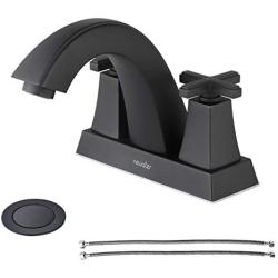 NEWATER 2-Handle 4 Inch Centerset Brass Bathroom Sink Faucet with Metal Pop-up Drain Assembly & Faucet Supply Lines，Deck Mounted Vanity Faucets Rv Commercial Lavatory Faucet，Matte Black