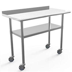 Commercial Work Table Stainless Steel Table 48 x 24 Inches Heavy Duty Workbench Industrial Restaurant Food Work Tables for Shop Worktop with 1 1/2'' Backsplash /4 Caster Wheels