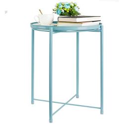 CERBIOR Tray End Table, Round Metal Tray Table Side Sofa Table Anti-Rust and Waterproof Outdoor & Indoor Snack Table Accent Coffee Table Gray Blue