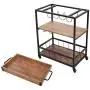 JAXPETY 3-Tier Industrial Bar Mobile Serving Kitchen Cart with Casters, Removable Tray, Wood Metal Serving Trolley, Dining Room Utility Cart, Brown