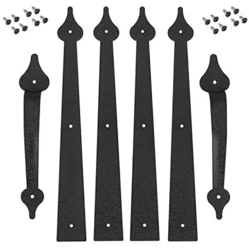 Homode Decorative Garage Door Hinges Handles, Faux Garage Door Accents, Metal Handles Hinges Hardware Kit, Screw Mounted, Black, Spear Style (4 Hinges+2 Handles)