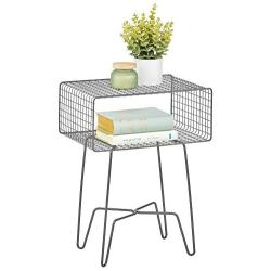 mDesign Modern Farmhouse Side/End Table - Metal Grid Design - Open Storage Shelf Basket, Hairpin Legs - Sturdy Vintage, Rustic, Industrial Home Decor Accent for Living Room, Bedroom - Graphite Gray